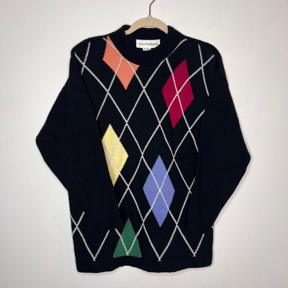 Vintage 90s Norton McNaughton Black Argyle Diamond Boxy Dad Grandpa Sweater L
